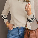 Round Neck Sweater with Striped Sleeves and Ribbed Cuff