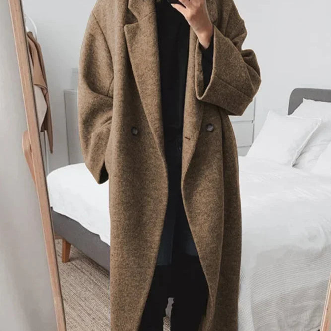 Women's Long Coat with Double Breasted Button Front and Notched Lapel Collar for Office Wear
