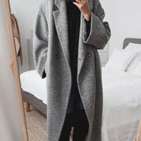Women's Long Coat with Double Breasted Button Front and Notched Lapel Collar for Office Wear