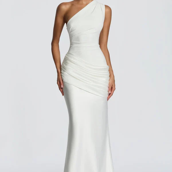 Off-Shoulder Satin Mermaid Maxi Dress with Draped Skirt