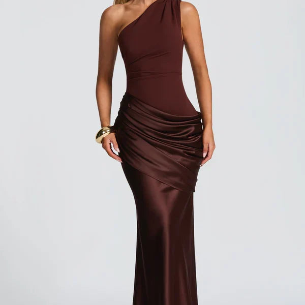 Off-Shoulder Satin Mermaid Maxi Dress with Draped Skirt