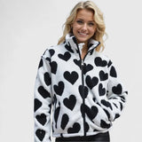 Women's Fluffy Jacket with All Over Heart Pattern and Plush Teddy Fleece Look with Stand Collar for Winter