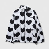 Women's Fluffy Jacket with All Over Heart Pattern and Plush Teddy Fleece Look with Stand Collar for Winter