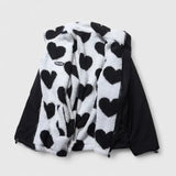 Women's Fluffy Jacket with All Over Heart Pattern and Plush Teddy Fleece Look with Stand Collar for Winter