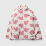 Women's Fluffy Jacket with All Over Heart Pattern and Plush Teddy Fleece Look with Stand Collar for Winter