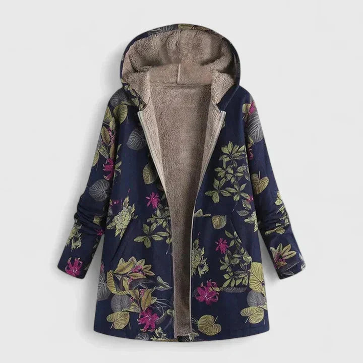 Women's Patterned Winter Coat with Hood and Plush-Look Lining