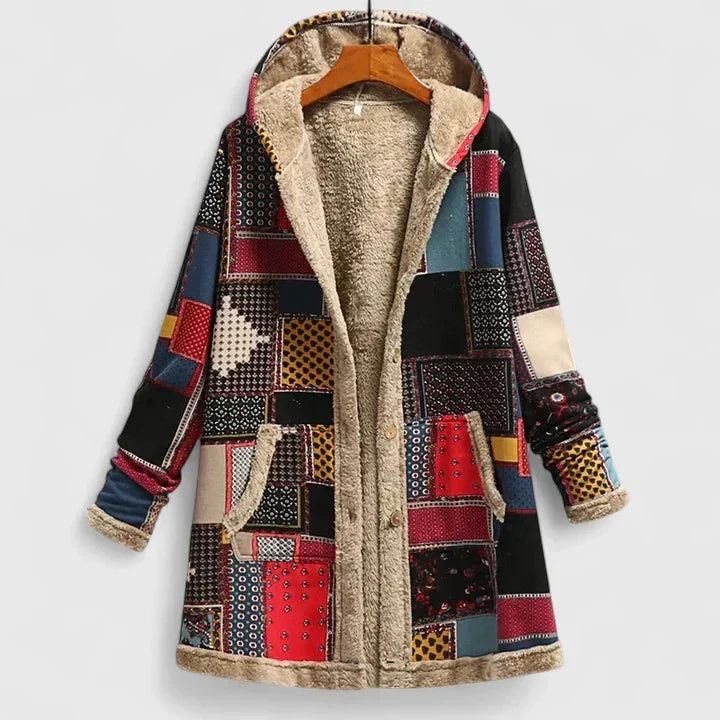 Women's Patterned Winter Coat with Hood and Plush-Look Lining