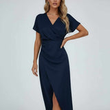 Wrap Midi Dress with V-Neck and Split Hem