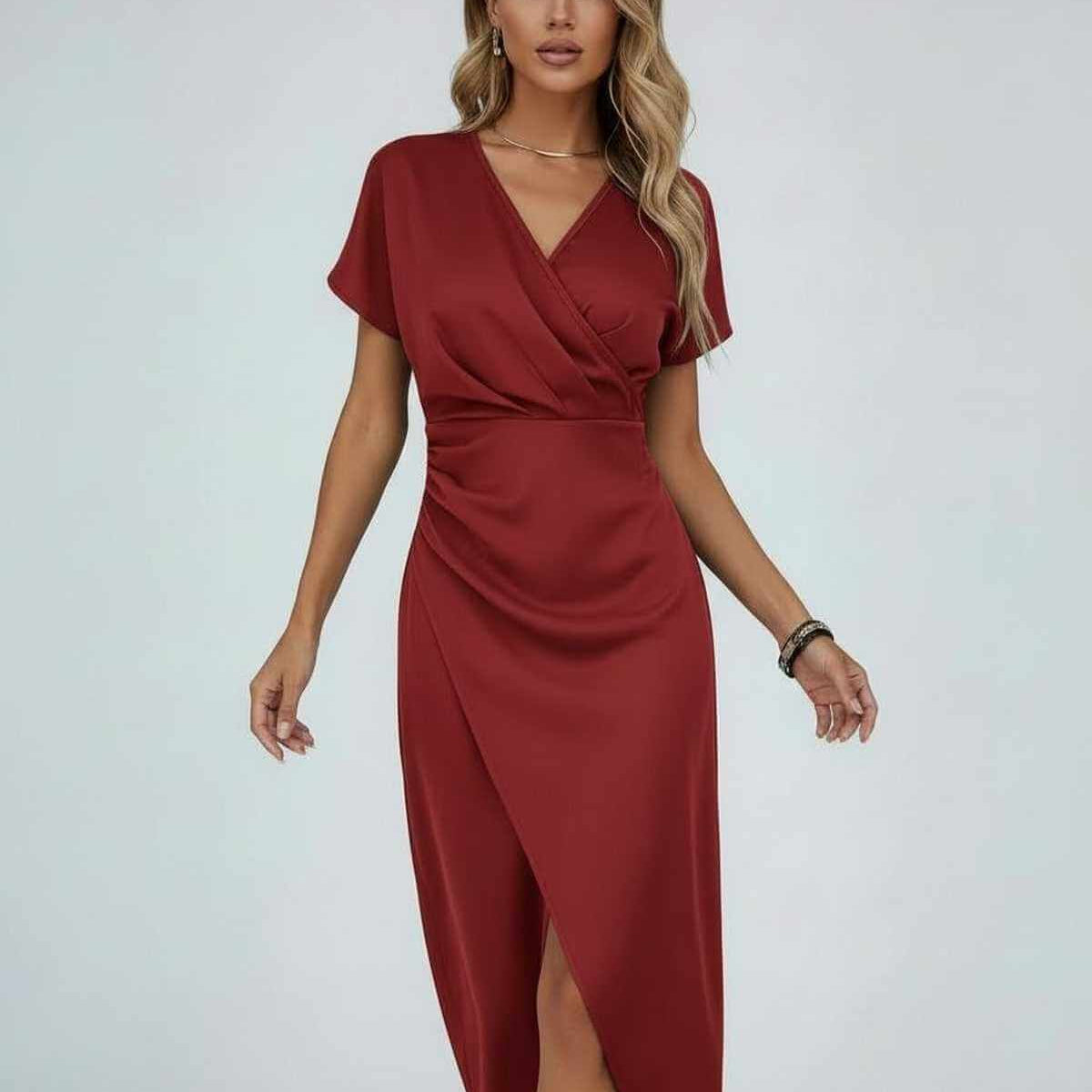 Wrap Midi Dress with V-Neck and Split Hem