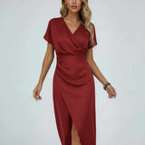 Wrap Midi Dress with V-Neck and Split Hem