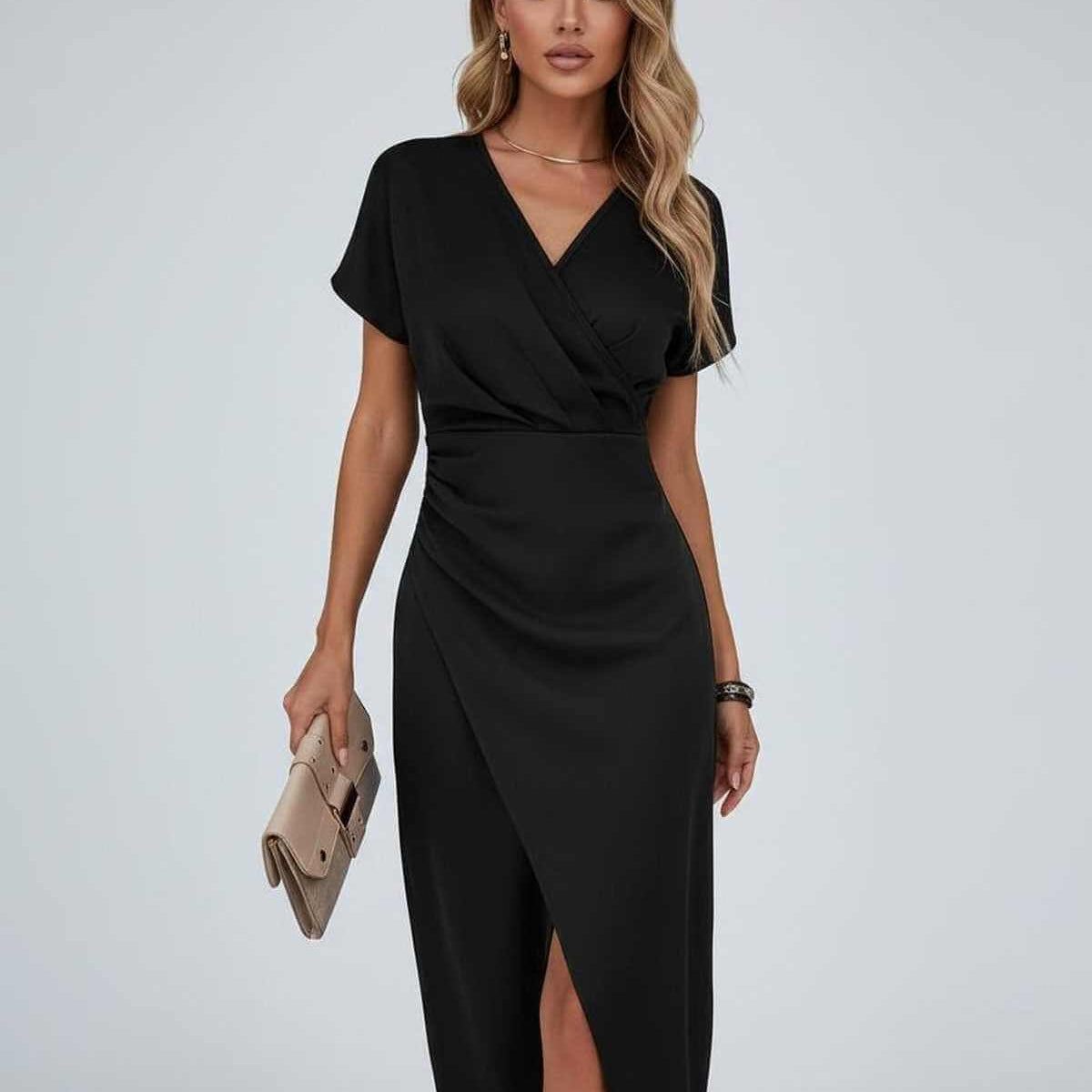 Wrap Midi Dress with V-Neck and Split Hem