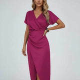 Wrap Midi Dress with V-Neck and Split Hem