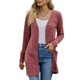 Long Ribbed Knit Cardigan with Patch Pockets and Button Front
