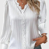 Pleated Lace-Trim V-Neck Blouse with Puff Sleeve