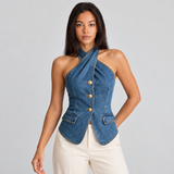 Denim Halter Top with Button Front and Flap Pockets