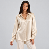 Oversized Satin Blouse with Button Front and Curved Hem