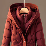 Long Hooded Puffer Coat with Quilted Pattern and Cinched Waist