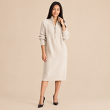 Women's Ribbed Knit Midi Sweater Dress with V Neck Zip Collar and Long Sleeves