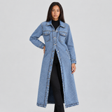 Long Denim Jacket with Button Front and Flap Pockets