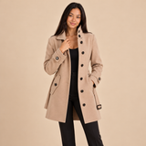 Long Womens Coat with Double Breasted Button Front and High Collar for Office Wear