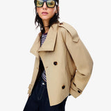 Cropped Jacket with Stand Collar and Double Breasted Button Front