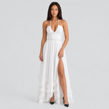 Halter Maxi Dress with Ruffle Hem and Thigh Slit