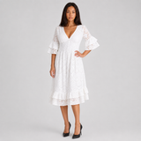 Eyelet Lace Midi Dress with V-Neck and Ruffle Sleeves
