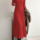 Cable Knit Maxi Sweater Dress with Round Neck and Long Sleeves