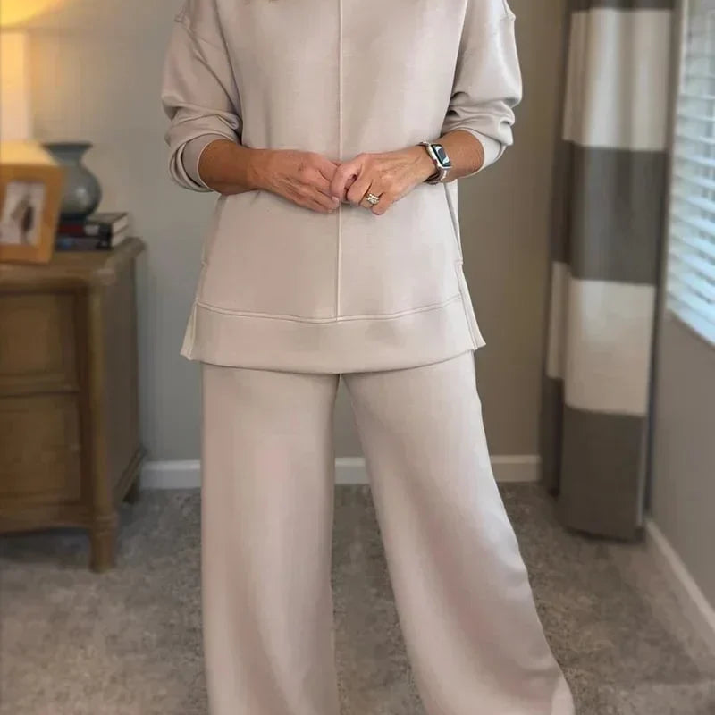 Cowl Neck Drawstring Two-Piece Set with Wide-Leg Pants
