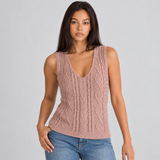 Cable Knit Sleeveless V-Neck Top with Ribbed Hem