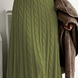 Cable Knit Maxi Sweater Dress with Round Neck and Long Sleeves