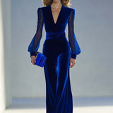 Wide-Leg Velvet Jumpsuit with V-Neck and Mesh Sleeves