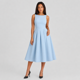 A-Line Pleated Sleeveless Midi Dress with Boat Neck