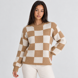 Checkered Knit Sweater with Crew Neck and Long Sleeves