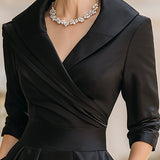 Satin Midi Dress with Lapel Collar and Pleated Skirt