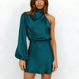 Asymmetric One-Shoulder Satin Mini Dress with Draped Neck