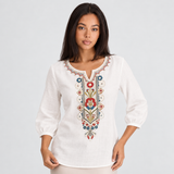 Floral Embroidered V-Neck Blouse with Three-Quarter Sleeves