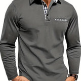Long Sleeve Polo Shirt with Checkered Collar and Chest Pocket