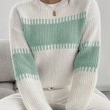Two Tone Ribbed Knit Sweater with Balloon Sleeves and Ribbed Cuff