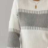 Two Tone Ribbed Knit Sweater with Balloon Sleeves and Ribbed Cuff