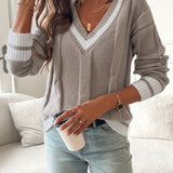 V-Neck Sweater with Cable Knit and Striped Trim