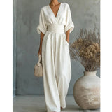 Wide-Leg Jumpsuit with Ruched Waist and Dolman Sleeve