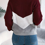 Cable Knit Color Block Sweater with Round Neck and Long Sleeves