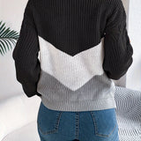 Cable Knit Color Block Sweater with Round Neck and Long Sleeves