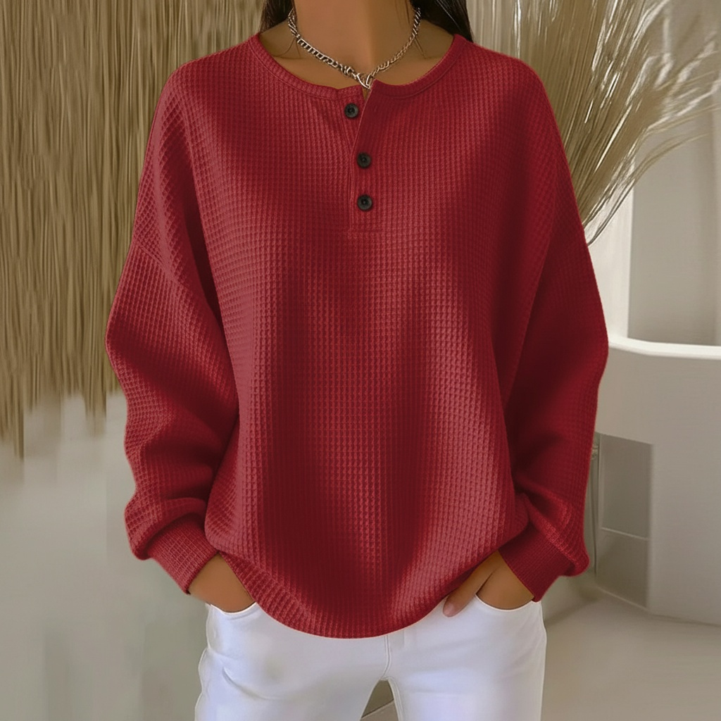 Waffle Knit Sweater with Button Neck Women