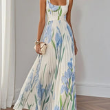 Belted Pleated Maxi Dress with Square Neck and Floral Print