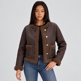 Cropped Sherpa Trim Jacket with Button-Front and Patch Pockets