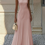 Sleeveless Pleated Maxi Dress with Boat Neck