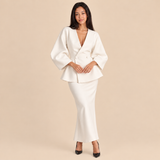 Women's Two Piece Skirt Suit with Double Breasted Peplum Blazer and Long Fitted Skirt