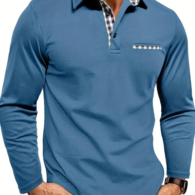 Long Sleeve Polo Shirt with Checkered Collar and Chest Pocket